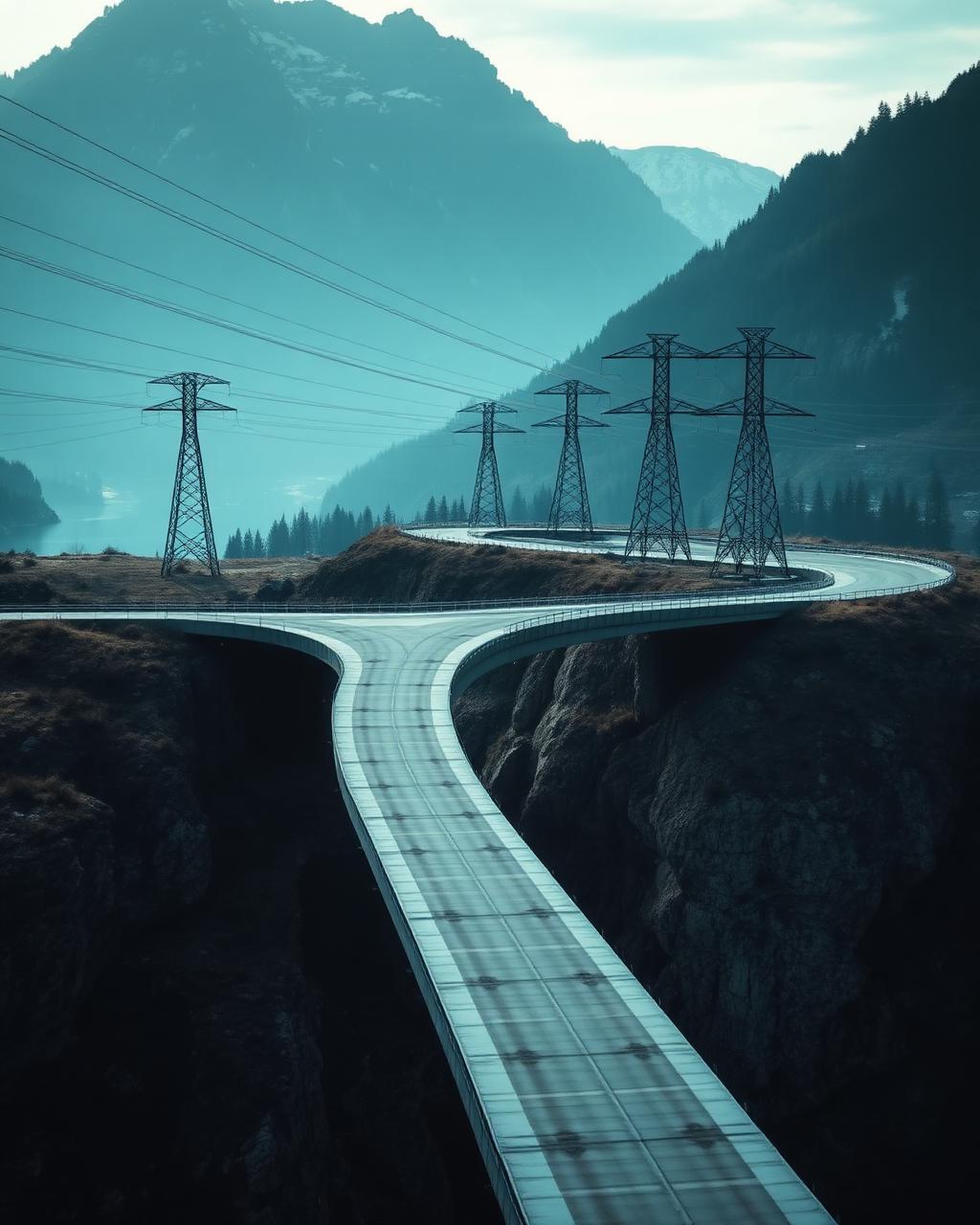 Schweizer Infrastruktur – Brücke und Hochspannungsleitungen in alpiner Landschaft